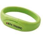 A green wristband with the text HEPA TRADING and a small multicolored bar graphic.