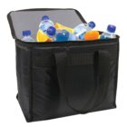 Open black insulated bag filled with bottled water and sliced oranges. The bag has two handles and a gray interior lining.
