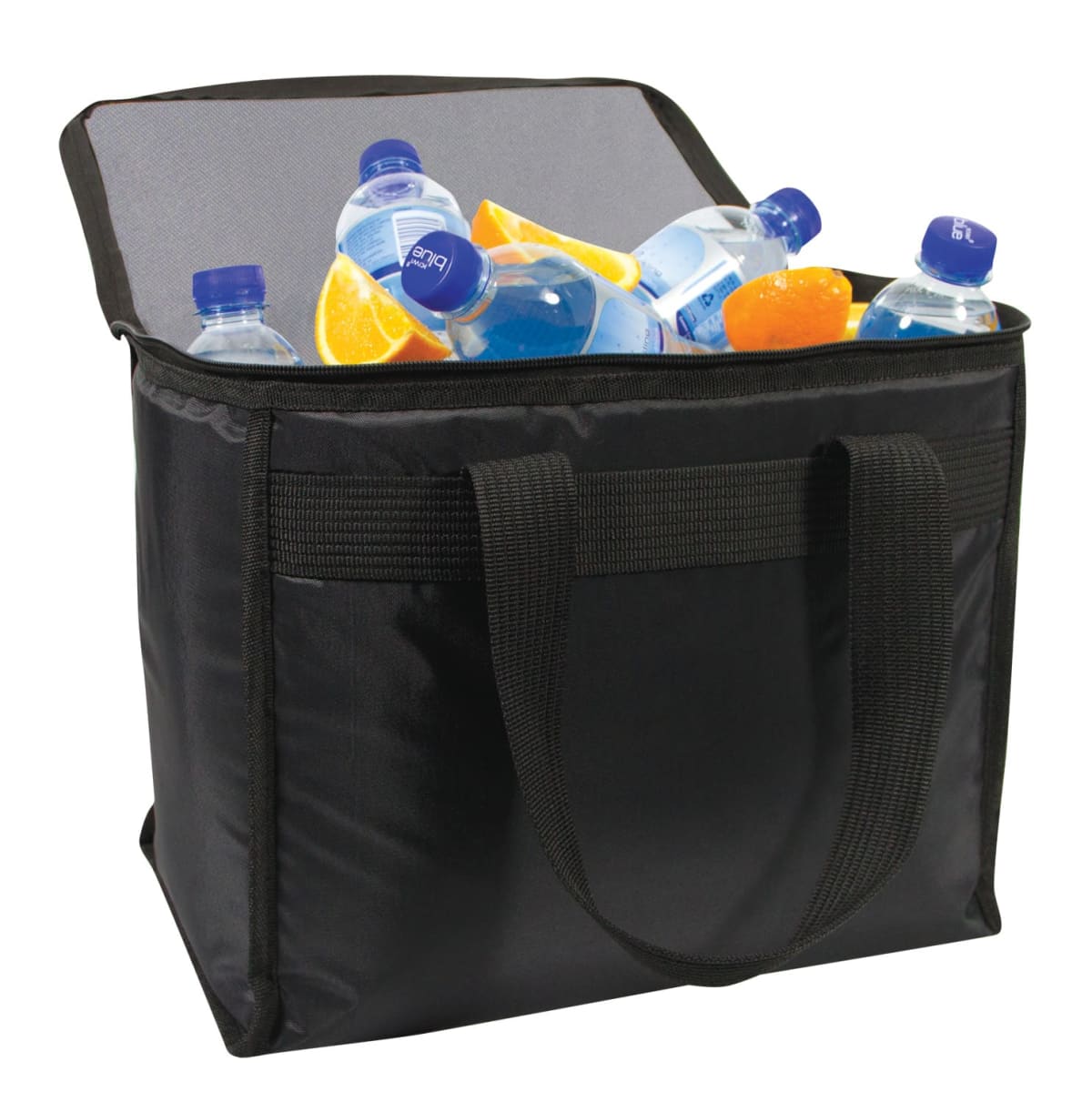 Open black insulated bag filled with bottled water and sliced oranges. The bag has two handles and a gray interior lining.