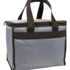A gray insulated lunch bag with black handles and trim. It has a zippered top and a rectangular shape, designed for carrying meals or snacks.
