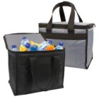 Two insulated cooler bags with handles: one open, filled with water bottles and oranges, and one closed. The bags have a gray and black design, featuring zippers and sturdy fabric.
