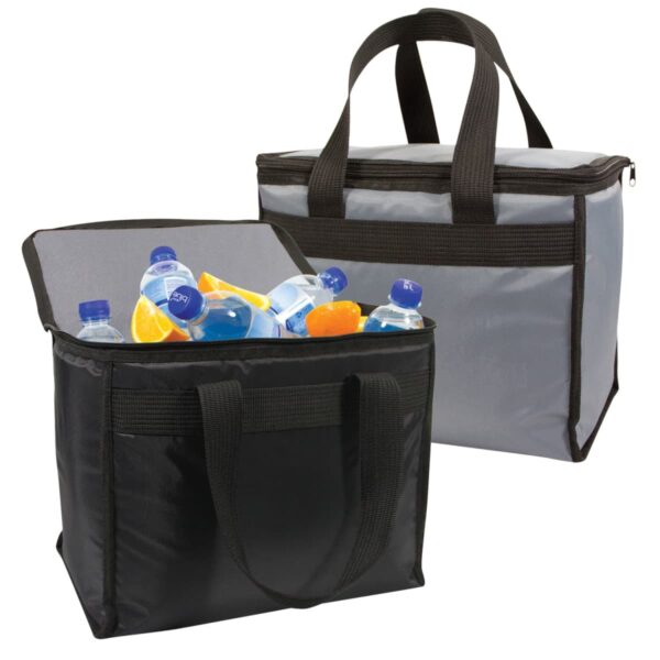 Two insulated cooler bags are shown. One black bag is open, revealing bottled drinks and orange slices. The other gray bag is closed, both have black handles.