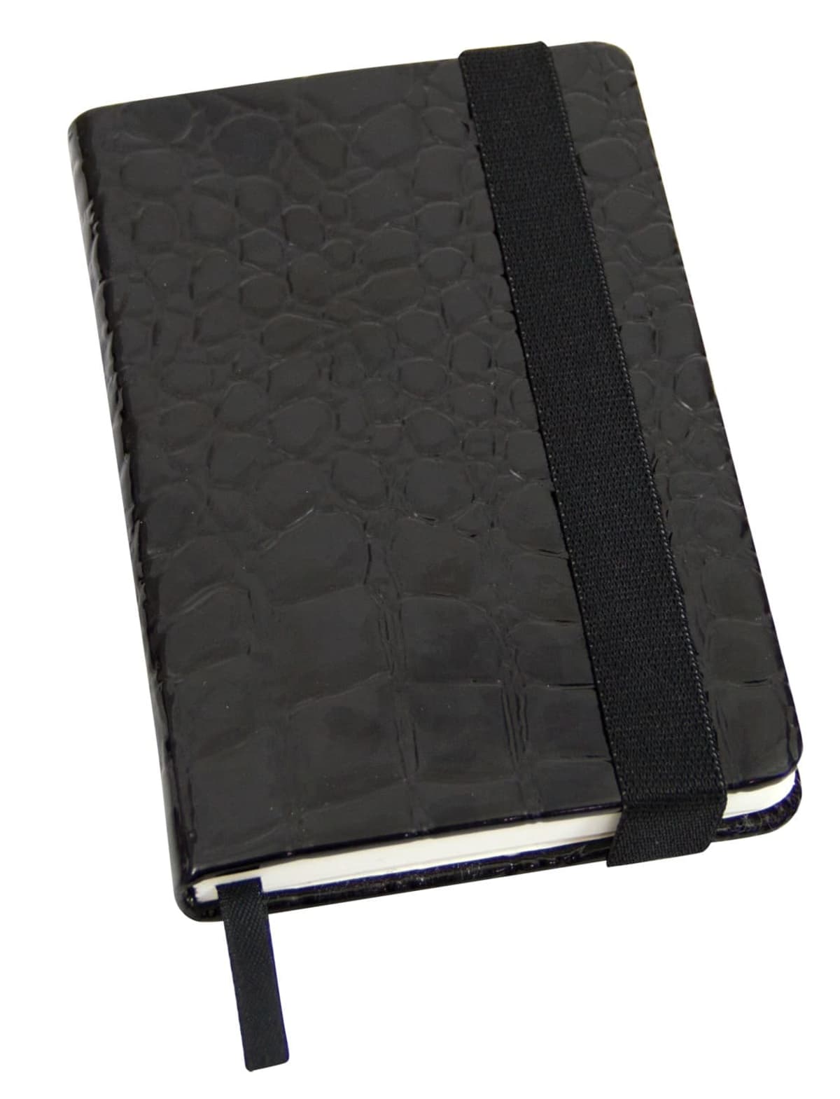 A closed black notebook with a textured cover resembling reptile skin. It has a black elastic band around it and a ribbon bookmark.