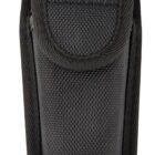 A black, textured nylon pouch with a flap cover. The pouch is upright, displaying its front side. The flap is securely fastened, suggesting it is used for storing small items or tools.