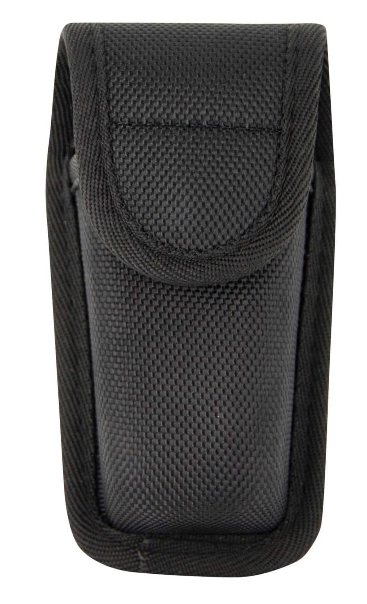 A black, textured nylon pouch with a flap cover. The pouch is upright, displaying its front side. The flap is securely fastened, suggesting it is used for storing small items or tools.