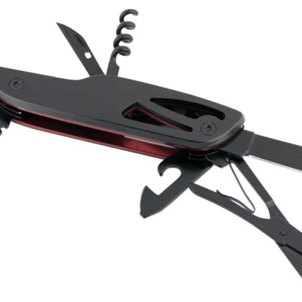 A multi-tool with black blades and red accents is shown open. It features multiple tools, including knives, scissors, a corkscrew, and bottle openers, fanned out from a central hinge.