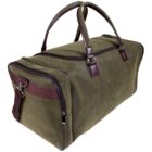 A green duffel bag with brown accents and two handles. It features a brown zipper along the top and sides, and a zippered side pocket with a strap for easy carrying. The bag is positioned on a plain white background.