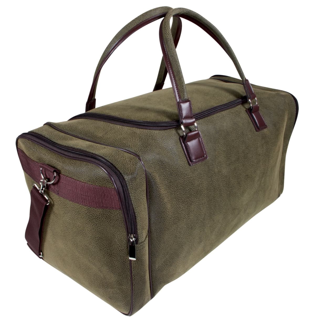 A green duffel bag with brown accents and two handles. It features a brown zipper along the top and sides, and a zippered side pocket with a strap for easy carrying. The bag is positioned on a plain white background.