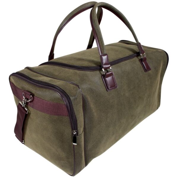 Olive green duffel bag with dark brown handles and trim. It features a zippered main compartment, side pocket, and detachable shoulder strap. The bag has a sleek, rectangular shape and is designed for travel or sports.