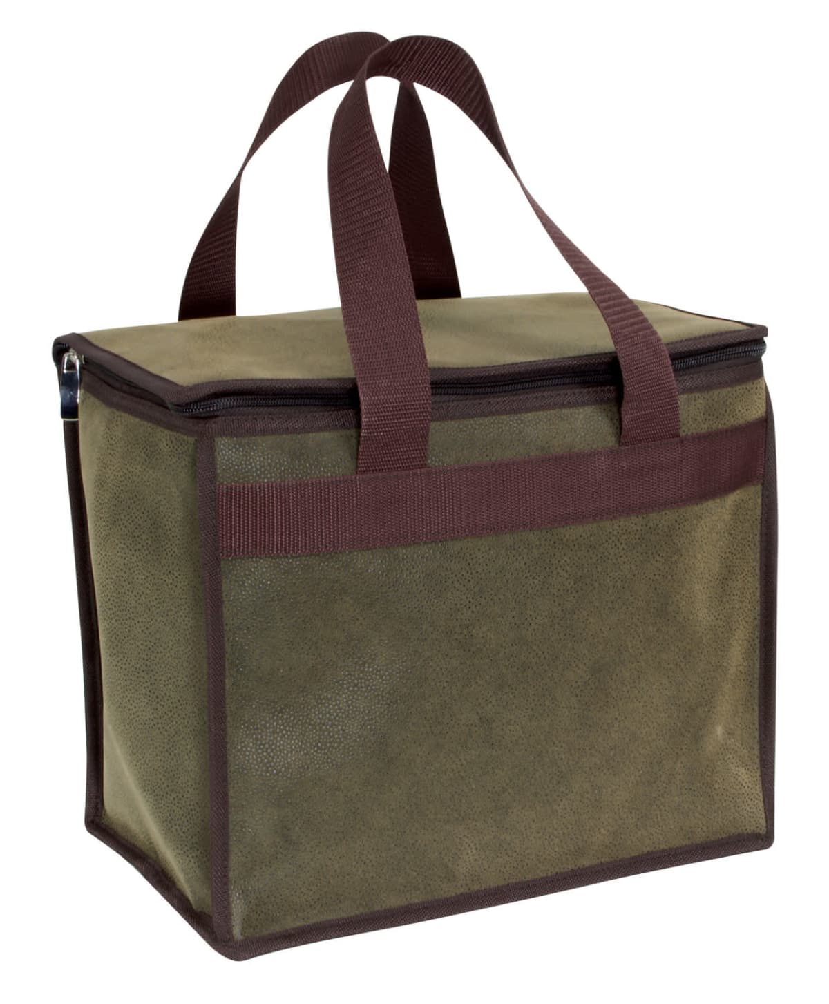 A green fabric cooler bag with brown trim and handles is shown. The rectangular bag has a zipper closure on top and is designed for carrying food or drinks, often used for picnics or outdoor activities.