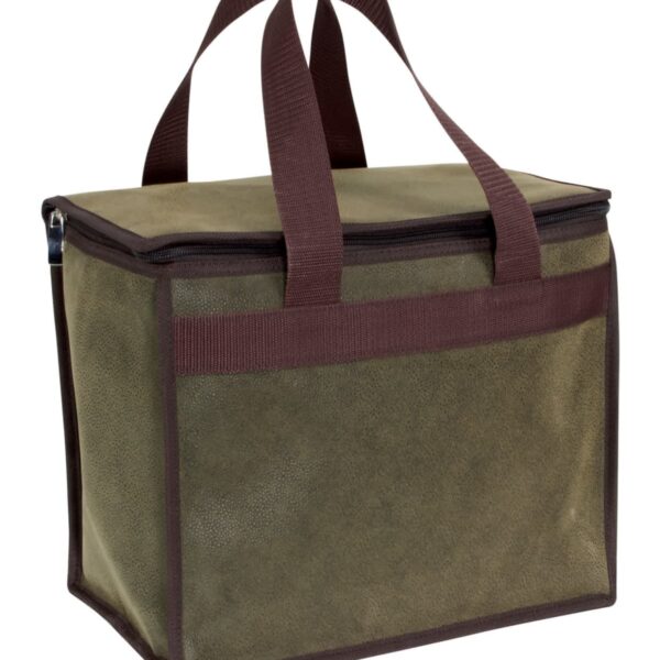 A green and brown insulated cooler bag with a zipper closure and two dark brown handles. The bag appears sturdy, suitable for carrying food or beverages, and has a rectangular shape.