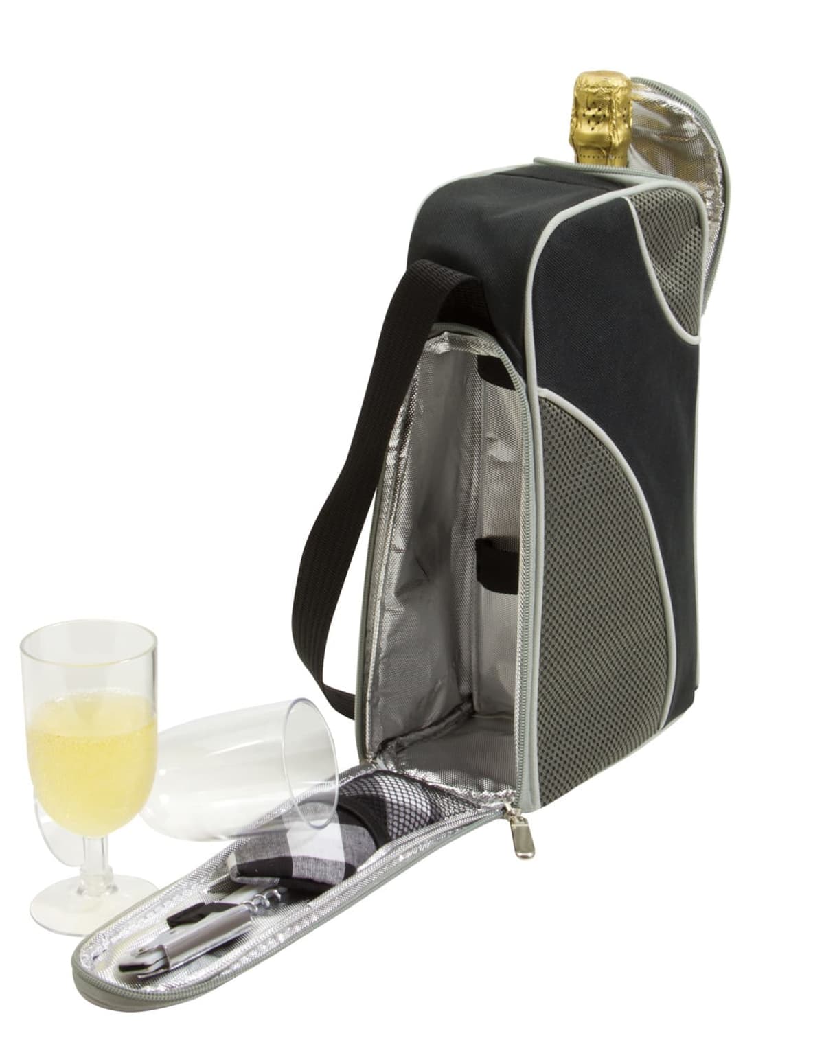 A black insulated wine cooler bag with a handle is shown open, revealing bottle opener tools. A bottle with a gold foil top is inside. Two stemmed glasses are in the foreground, one upright with liquid and one lying on its side, both empty.