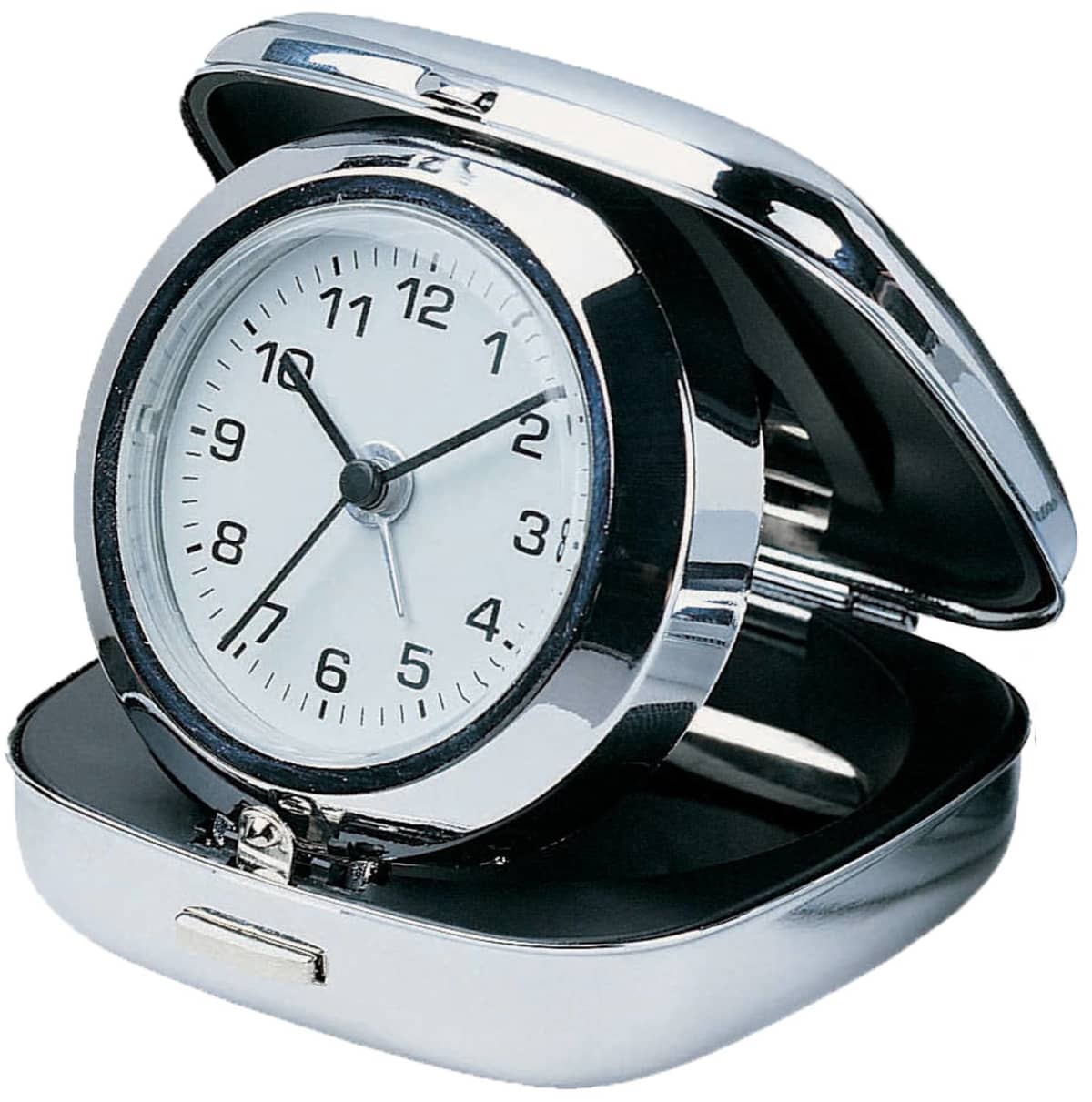 A shiny silver travel alarm clock with a white face and black numbers, housed in a partially open, compact case. The clock shows the time as 10:10, and the case has a smooth, reflective surface.