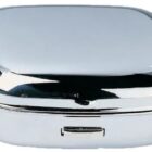 A shiny, rectangular silver box with rounded edges. The surface is smooth and reflective, displaying a sleek and glossy finish. The box is closed and has a small indentation on the front side.