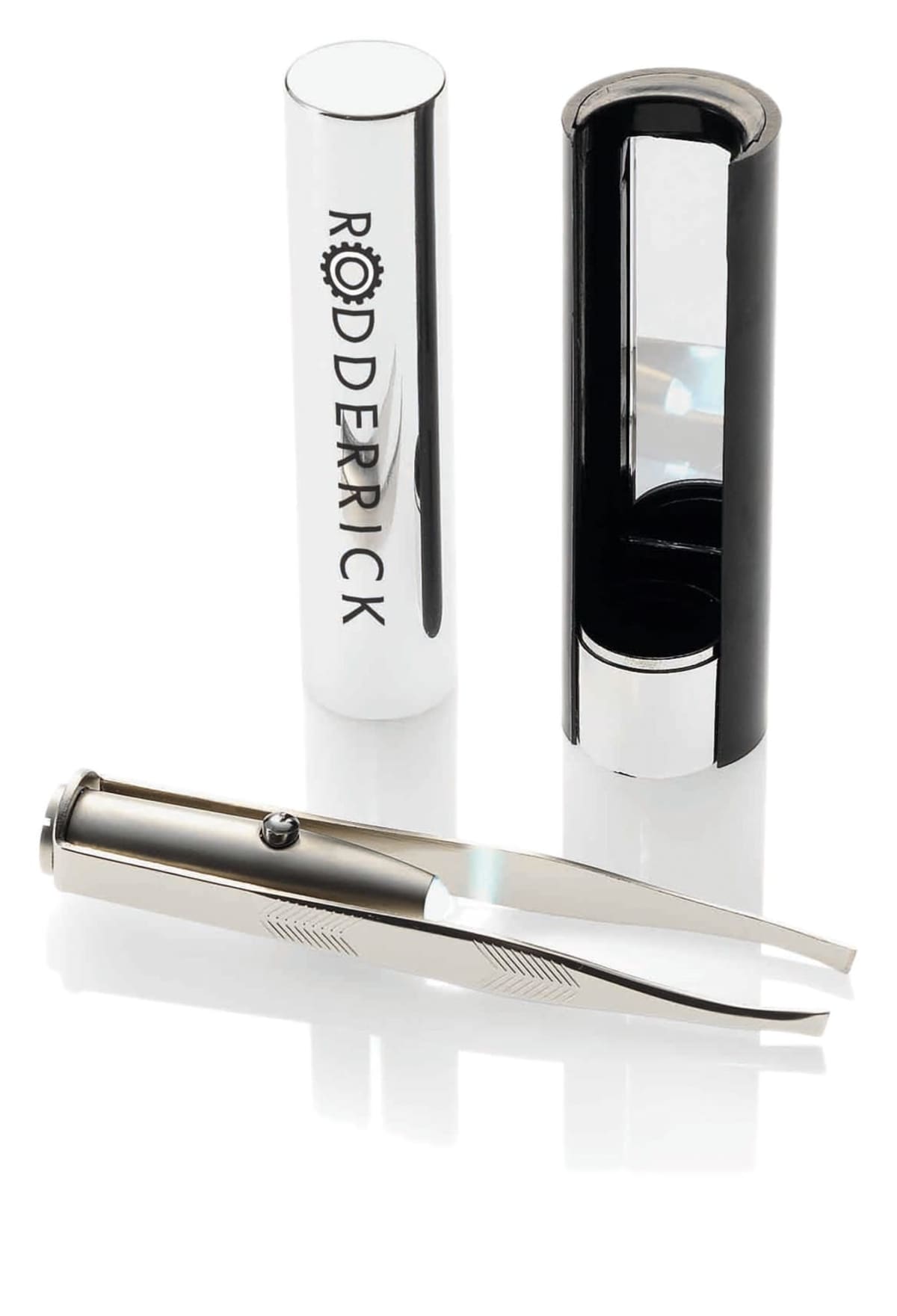 A metallic tweezer device with an attached LED light is positioned next to its cylindrical, silver and black storage case. The case displays the text RODDERICK vertically on its side.