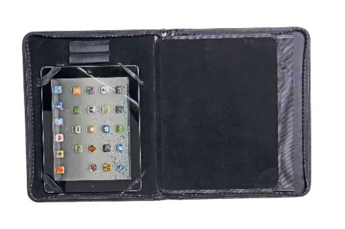 A black tablet case is open, displaying a touchscreen tablet on the left side with various app icons visible. The right side of the case is empty, featuring a smooth, black surface.