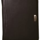 A sleek black leather portfolio with a zipper closure and a metal accent on the side. The surface is smooth and features subtle stitching along the edges.
