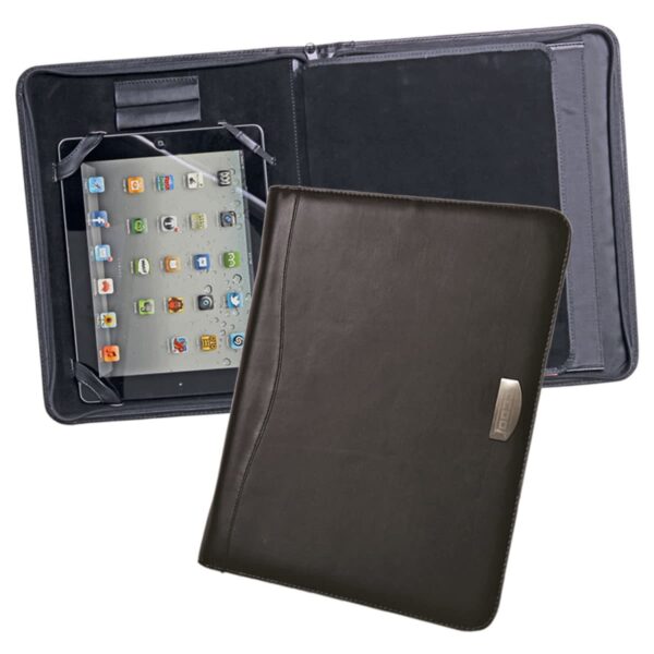 A black leather portfolio case is shown open and closed. The open side reveals an iPad with app icons visible, securely held by elastic straps. The closed side displays a sleek, smooth surface with a metal logo plate.