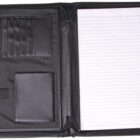 Open black leather portfolio with a lined notepad on the right. The left side features pockets for documents, business cards, and a small zippered pouch.