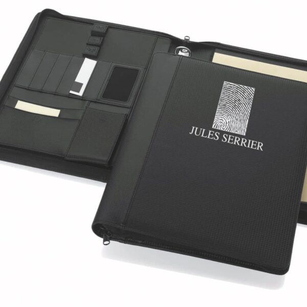 Black leather portfolio binder open to reveal organized compartments for cards, USB drive, and documents. The binder features the text Jules Serrier with a fingerprint logo on the cover.