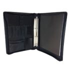 Open black leather binder with a silver three-ring mechanism, multiple pockets and slots for storage on the left side, and a large document pocket on the right.