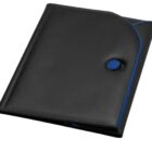 A sleek black binder with rounded edges and a blue button closure. It features a curved design element with blue trim on the flap. The binder is closed and positioned against a white background.