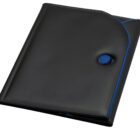 A closed black folder with a blue interior and stitching, featuring a circular blue button closure on the front flap.