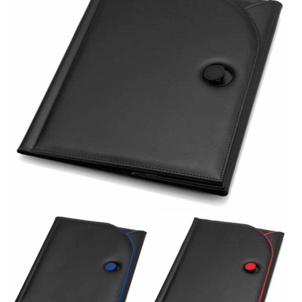Three black leather portfolios are displayed. The top one is large with a rounded flap and button closure. The bottom two are smaller, with the left having a blue accent and the right a red accent on the flap closures.