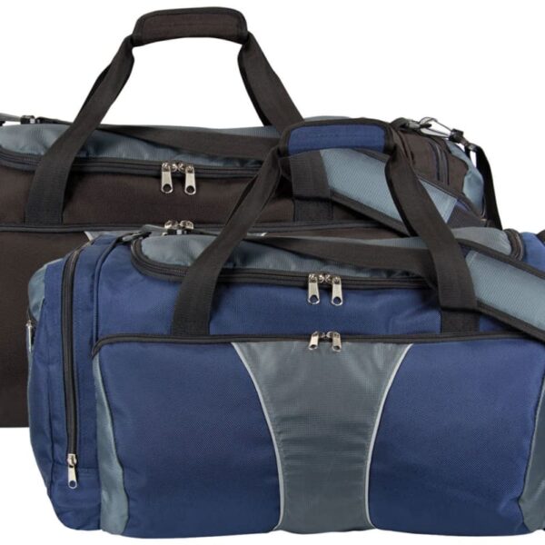 Two duffel bags: one black with gray accents and one navy blue with gray accents. Both have multiple zippered compartments, top handles, and adjustable shoulder straps, positioned side by side.