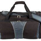 A black and gray duffel bag with multiple compartments and zippers. It has a detachable shoulder strap and double handles for carrying.