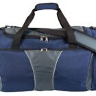 A blue and gray duffel bag with multiple zippered compartments and two black handles. A detachable, adjustable shoulder strap with padding extends from the sides. The bag has a sleek, durable design suitable for travel or sports.