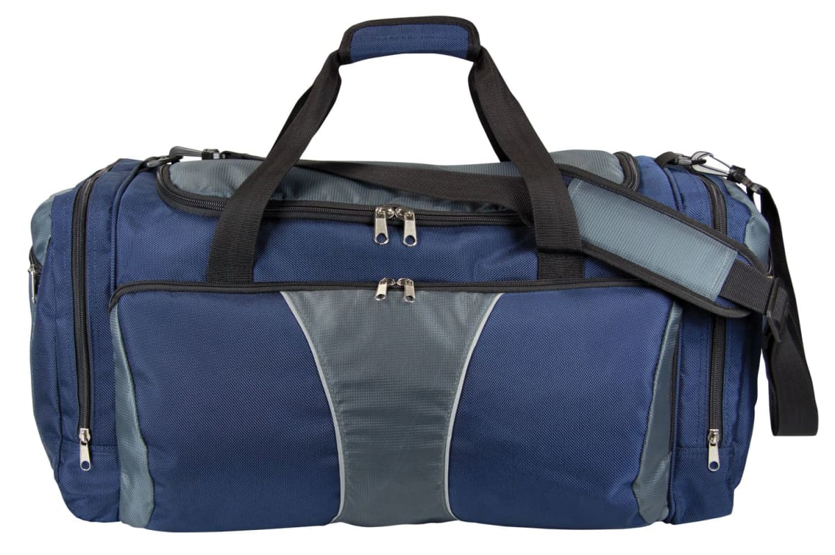 A blue and gray duffel bag with multiple zippered compartments and two black handles. A detachable, adjustable shoulder strap with padding extends from the sides. The bag has a sleek, durable design suitable for travel or sports.