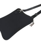 A black shoulder bag with a unique trapeze shape, featuring a silver ring attachment and an adjustable strap. The bag has a zippered opening with dual zipper pulls and a small circular design near the top.