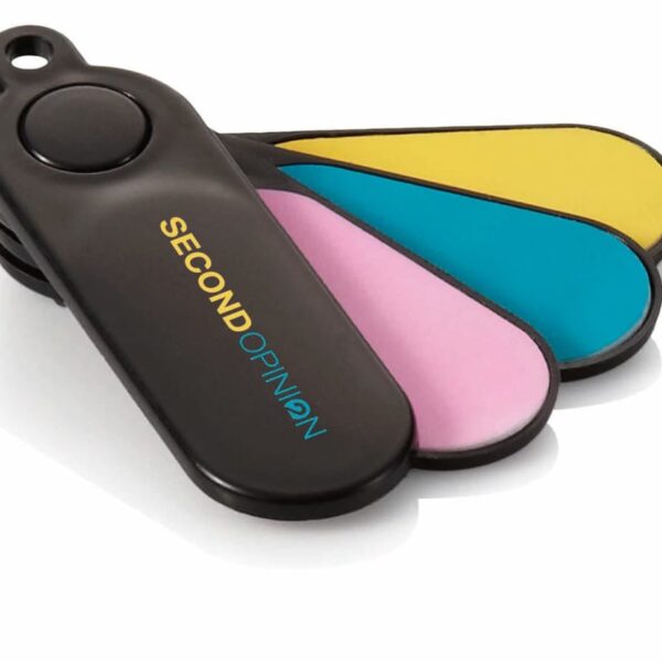 A black device with a button and four colorful fan-like swatches in yellow, blue, pink, and purple extended out. The word SECONDOPINION is printed on the device in yellow and blue letters.