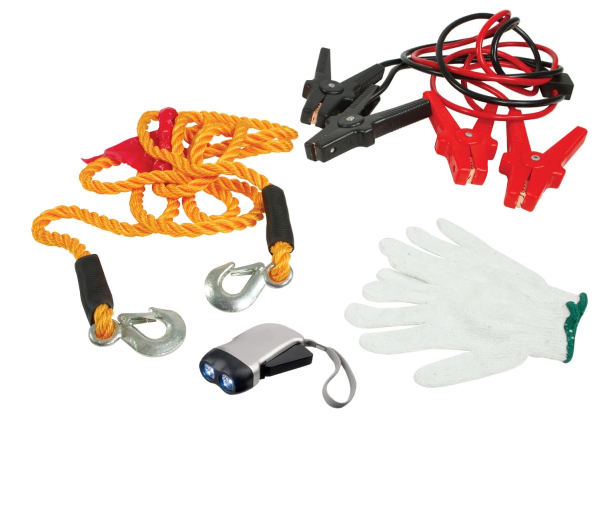 Image of automotive tools arranged on a white background, including orange towing rope with hooks, red and black jumper cables, a white glove with a green cuff, and a small gray and black flashlight.