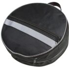 A round, black bag with a zipper and a gray stripe across the center. The bag has a handle on the side for carrying.