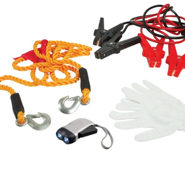 A collection of automotive emergency tools including a jumper cable with red and black clamps, an orange tow rope with hooks, a pair of white gloves, and a small black flashlight with a wrist strap.