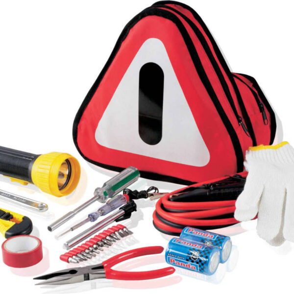 Emergency roadside kit with a triangular warning sign bag, flashlight, gloves, jumper cables, utility knife, pliers, screwdrivers, socket set, electrical tape, wrench, and batteries.