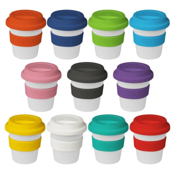 Eleven reusable coffee cups with white bodies and colorful silicone lids and sleeves are arranged in rows. The colors include orange, blue, green, aqua, pink, black, purple, yellow, teal, white, and red.