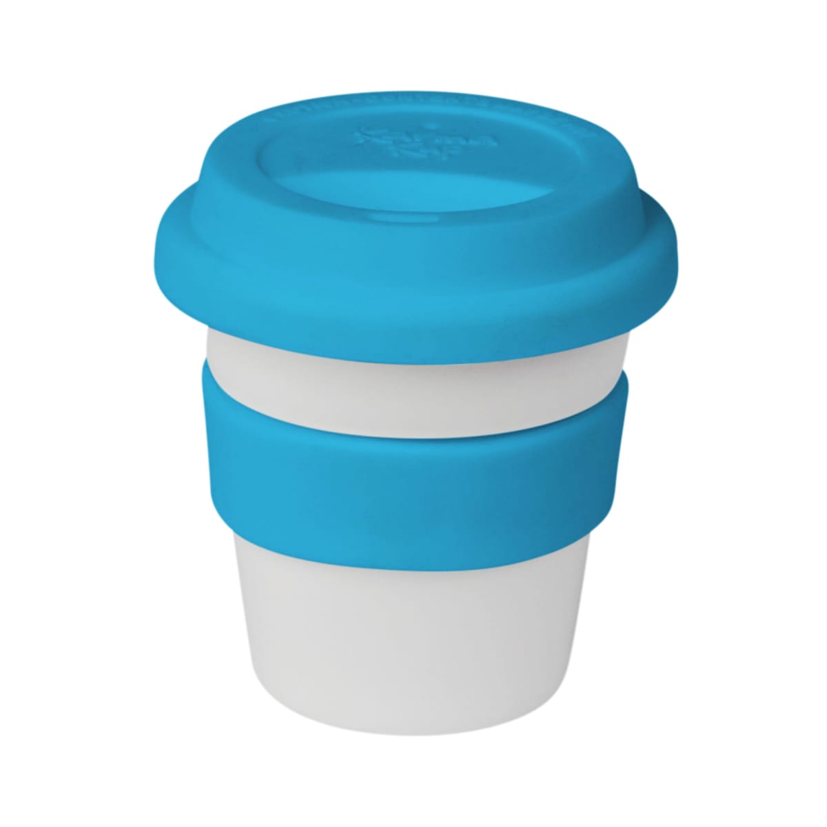 A reusable coffee cup with a white body, featuring a blue silicone sleeve and a blue lid, placed against a plain white background.