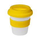 A reusable coffee cup with a white body and bright yellow lid and sleeve. The cup has a simple, modern design, featuring a stackable form and a secure lid for convenience.
