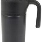 A black travel mug with a handle and a spill-proof lid. The mug has a sleek, cylindrical design and a matte finish.