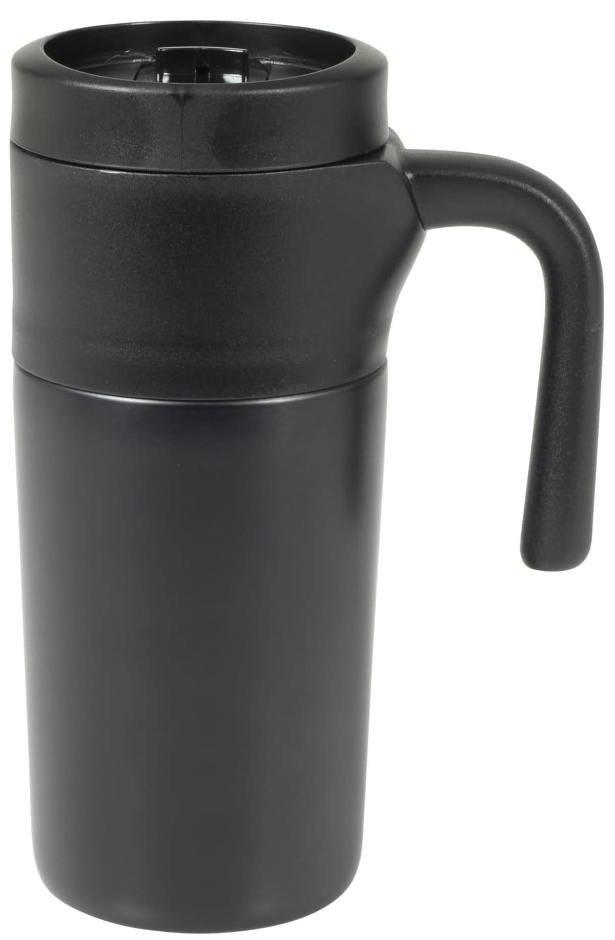 A black travel mug with a handle and a spill-proof lid. The mug has a sleek, cylindrical design and a matte finish.