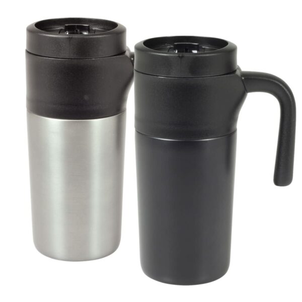 Two travel mugs are shown. One is stainless steel with a black lid, and the other is entirely black with a side handle. Both have secure sip lids. The mugs are placed side by side on a white background.