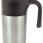 Stainless steel travel mug with a black handle and lid.