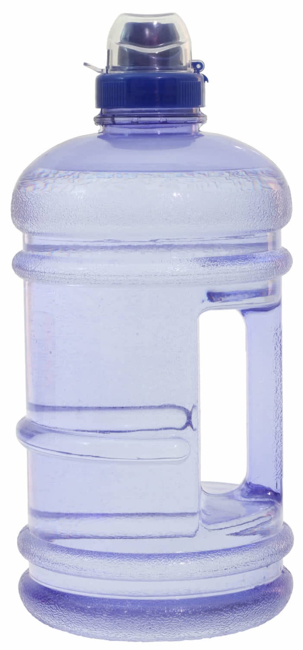 A large, transparent, purple-tinted water bottle with a textured surface, featuring a built-in handle on the side. The screw-on lid has a small flip-up spout for easy drinking.