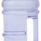 A large, translucent blue water jug with a spout lid and a side handle. The jug is textured with grooves around its body, designed for easy grip.