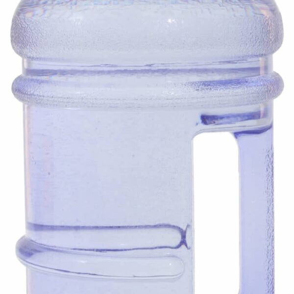 A large, translucent blue water jug with a spout lid and a side handle. The jug is textured with grooves around its body, designed for easy grip.