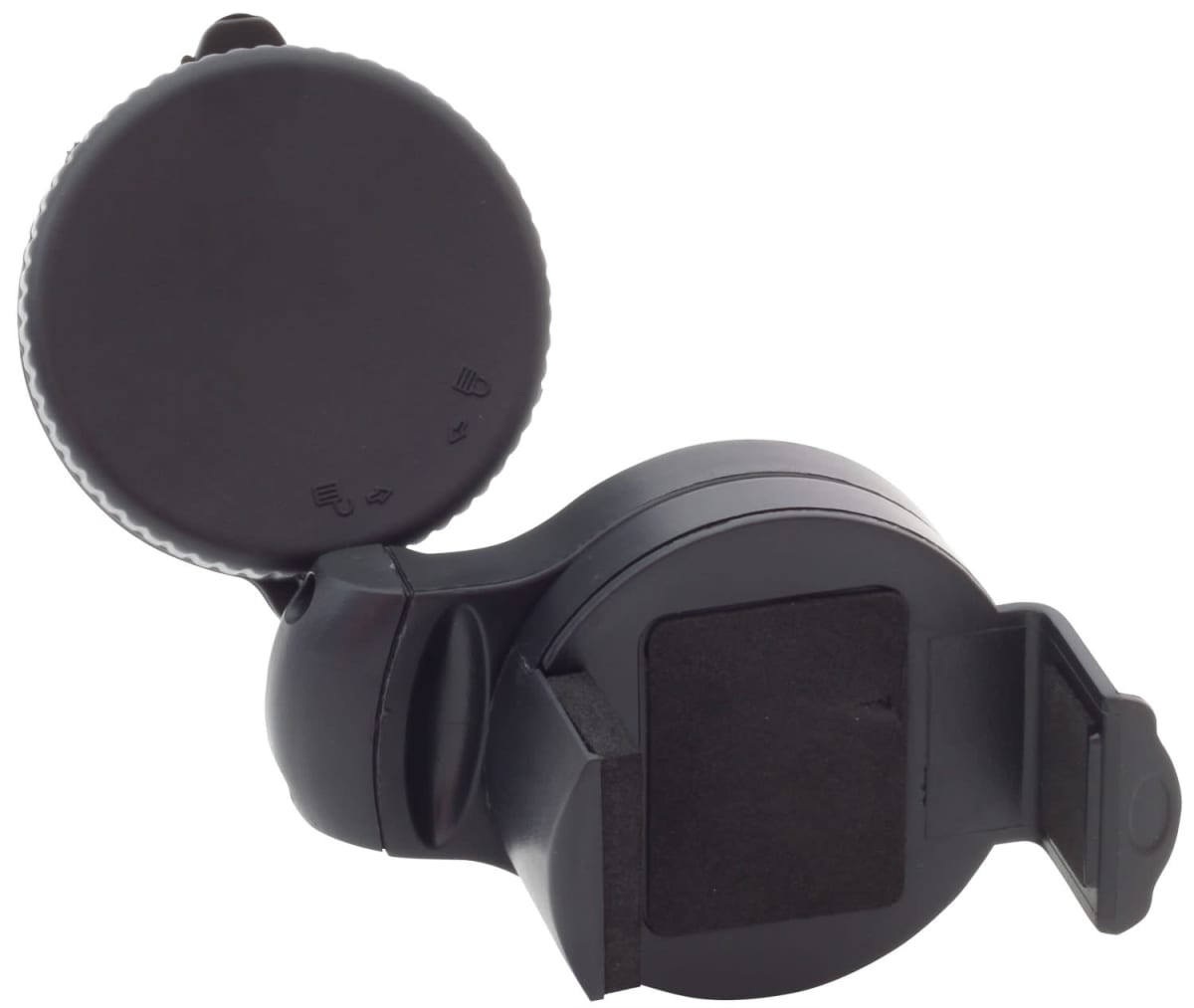A black handheld device with a circular body and a rotating lid. The lid is open, revealing a flat surface inside. The device features a small clip on the side, possibly for attaching or securing.