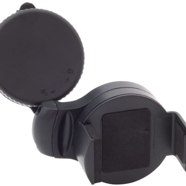 A black lens cap with a hinge mechanism, partially open, showing textured edges. The cap appears to be designed for a device or camera, with a compact, circular shape and a matte finish.